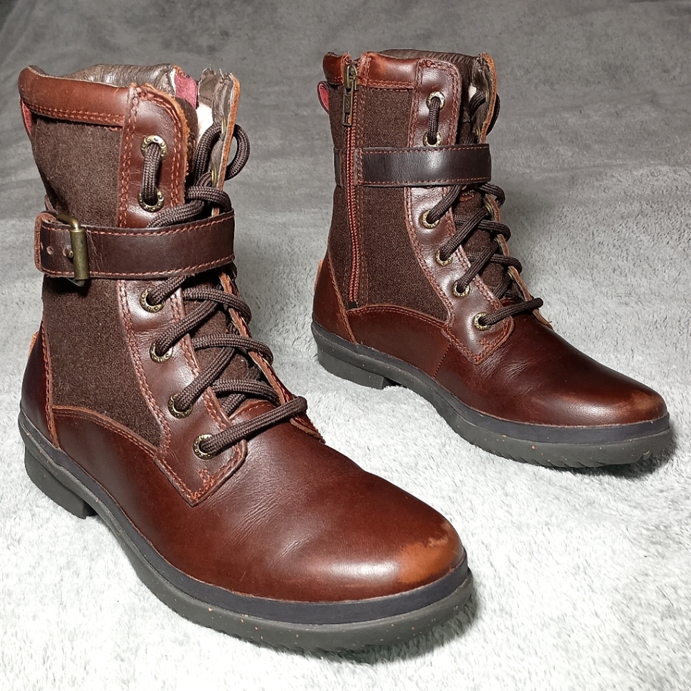 UGG Kesey Waterproof Chestnut Leather Combat Boots Sz 6 Lace Up Side Zip 1005264